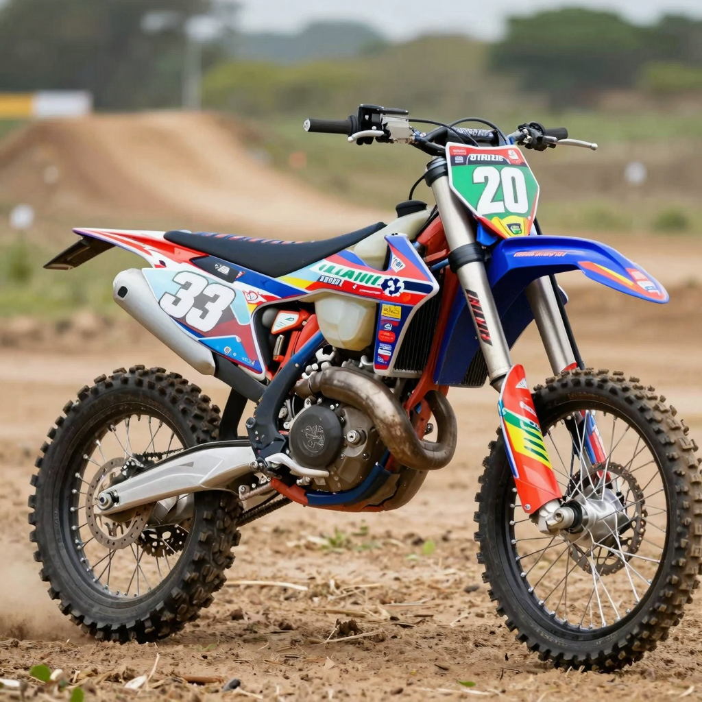 Custom dirt bike with vibrant number plate graphics