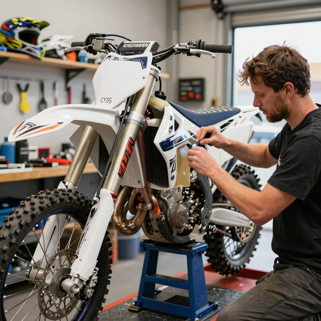 Motorcycle technician working on a dirt bike