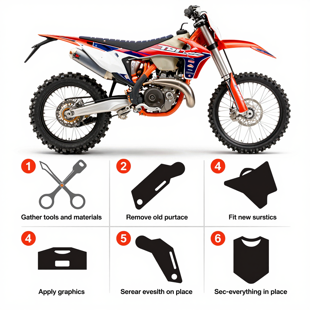Infographic illustrating the installation process of custom dirt bike plastics and graphics