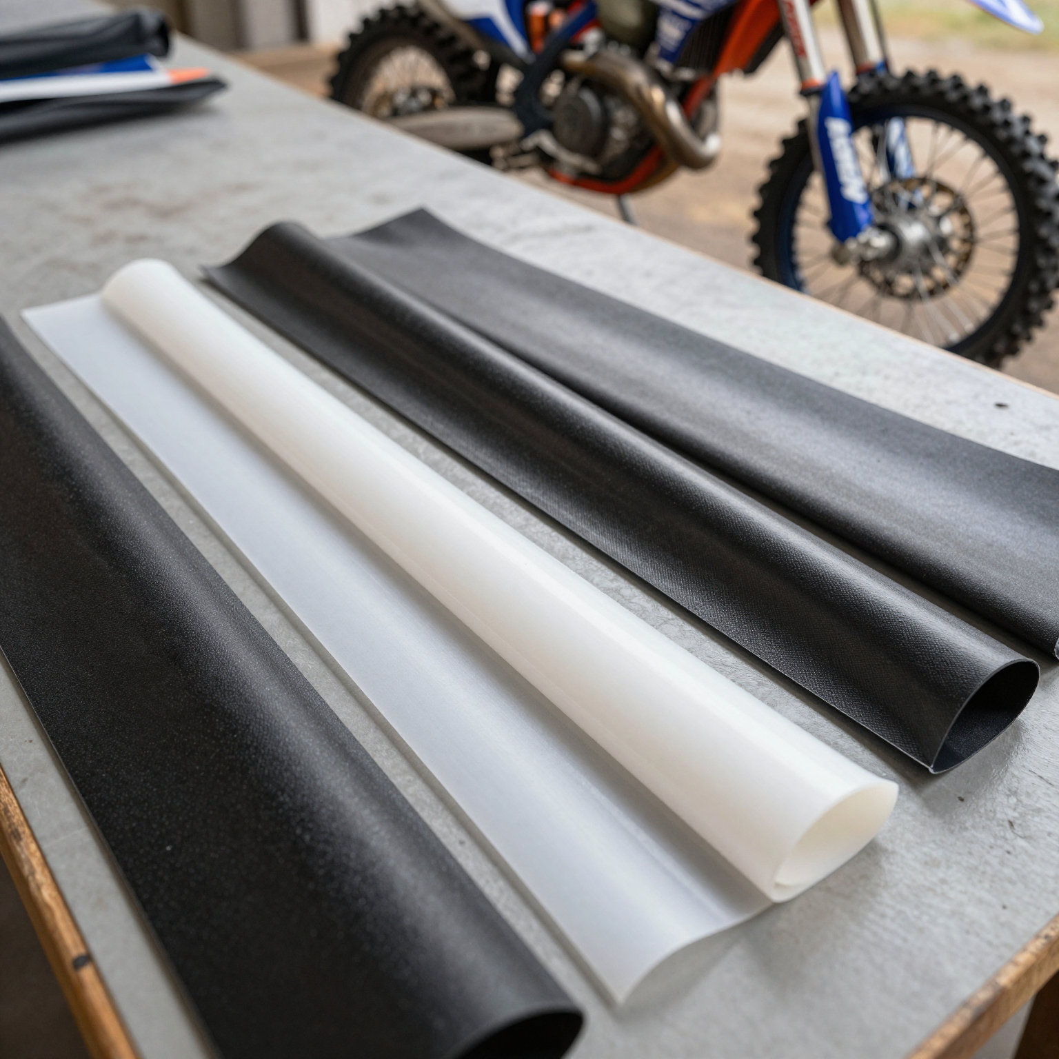 Close-up image of various dirt bike graphics materials like vinyl, polyurethane, and polypropylene.