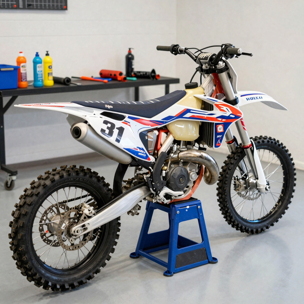 A clean dirt bike with vibrant number graphics, showcasing proper maintenance and care. The bike is parked in a clean garage environment, tools visible.