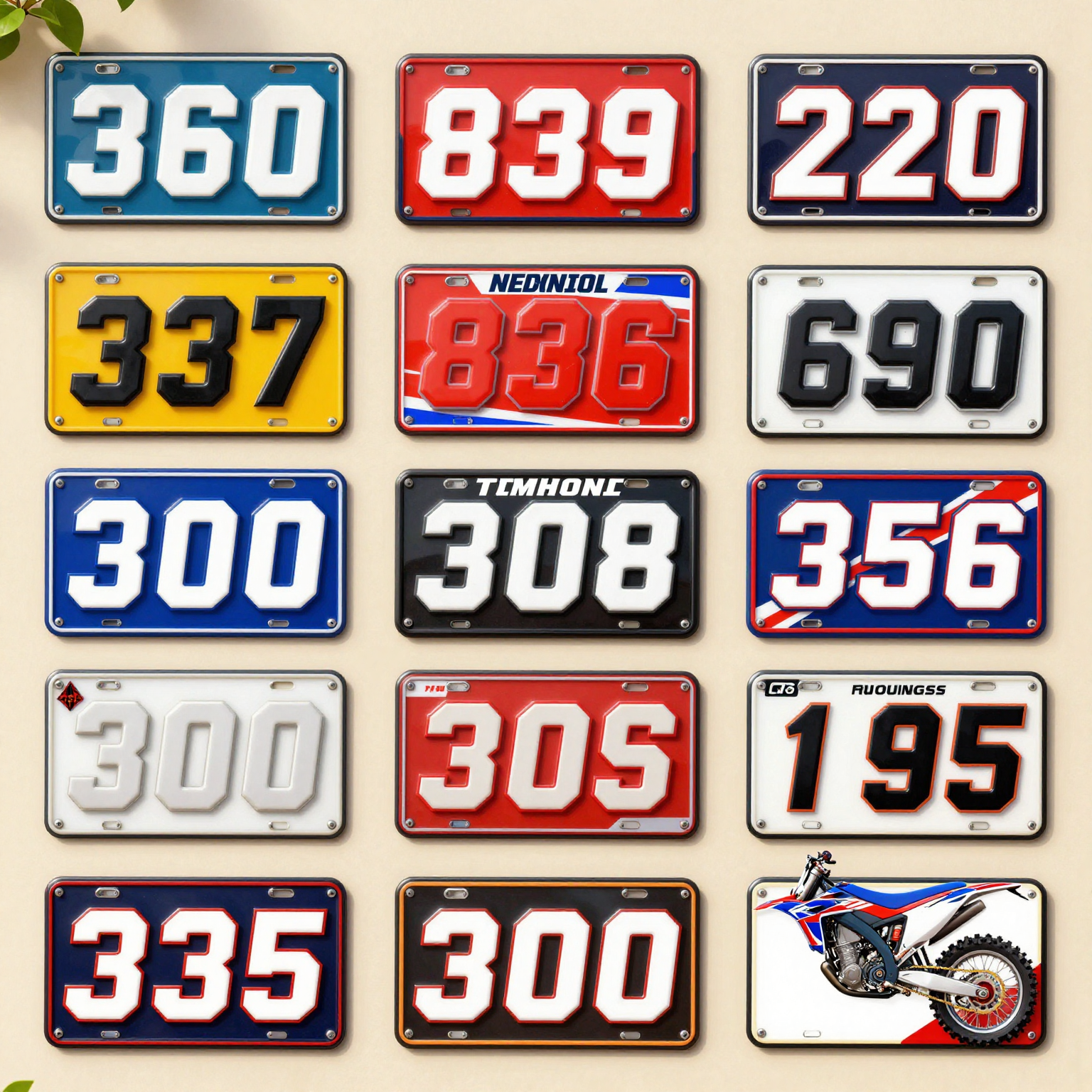 Various styles of number plate graphics for dirt bikes