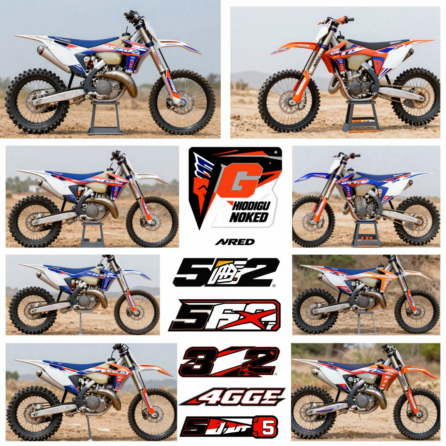 A collection of vibrant dirt bike decals and graphics.