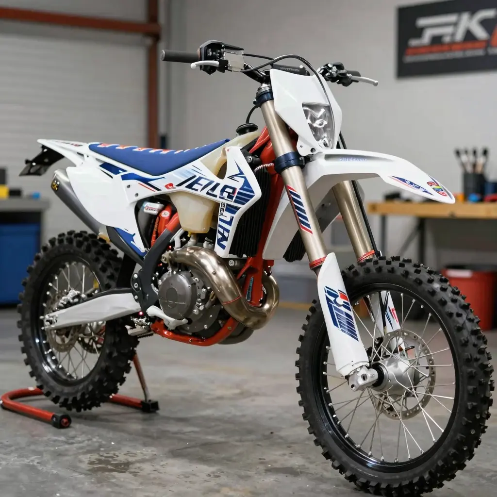 Dirt bike with customized fork graphics in a repair shop