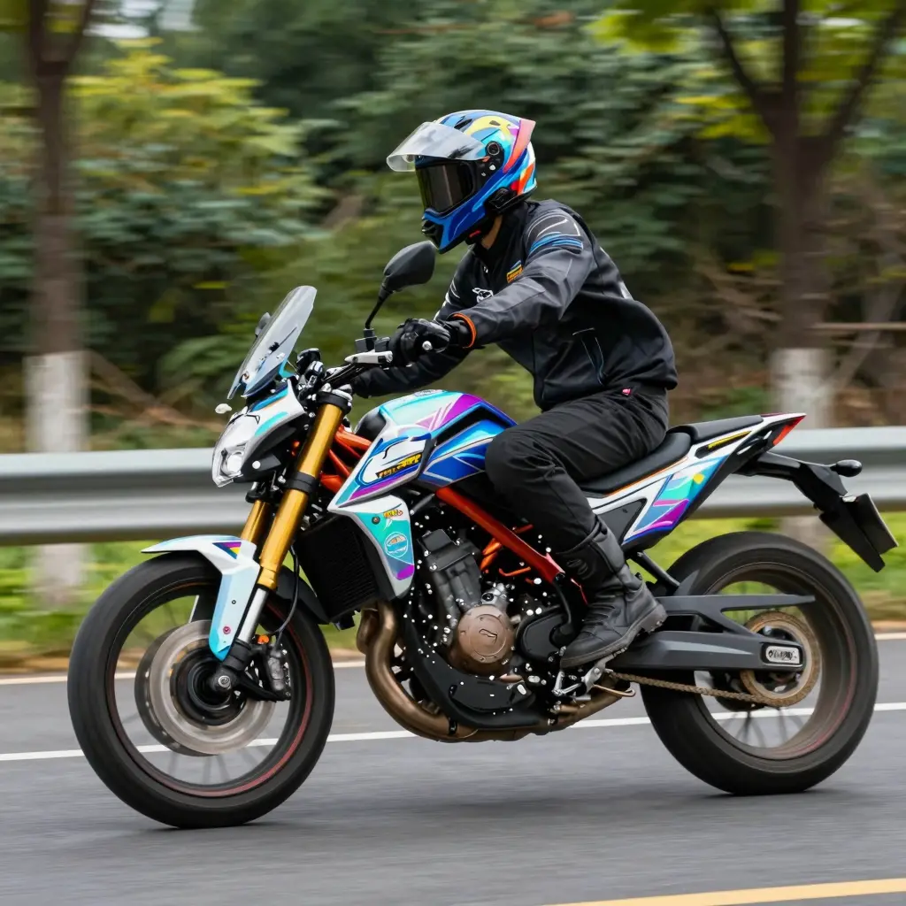 A dynamic motorcycle with holographic graphics