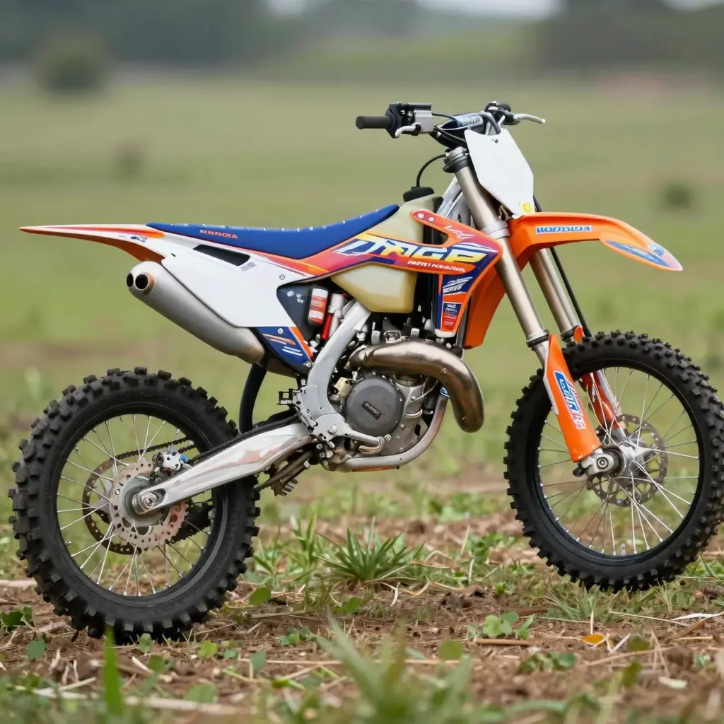 A vibrant Honda dirt bike showcasing colorful graphics