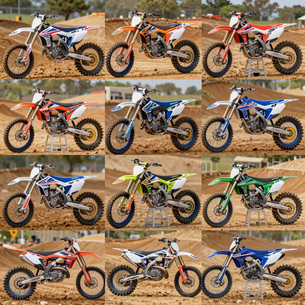 Collage of popular dirt bike graphics kits from various brands