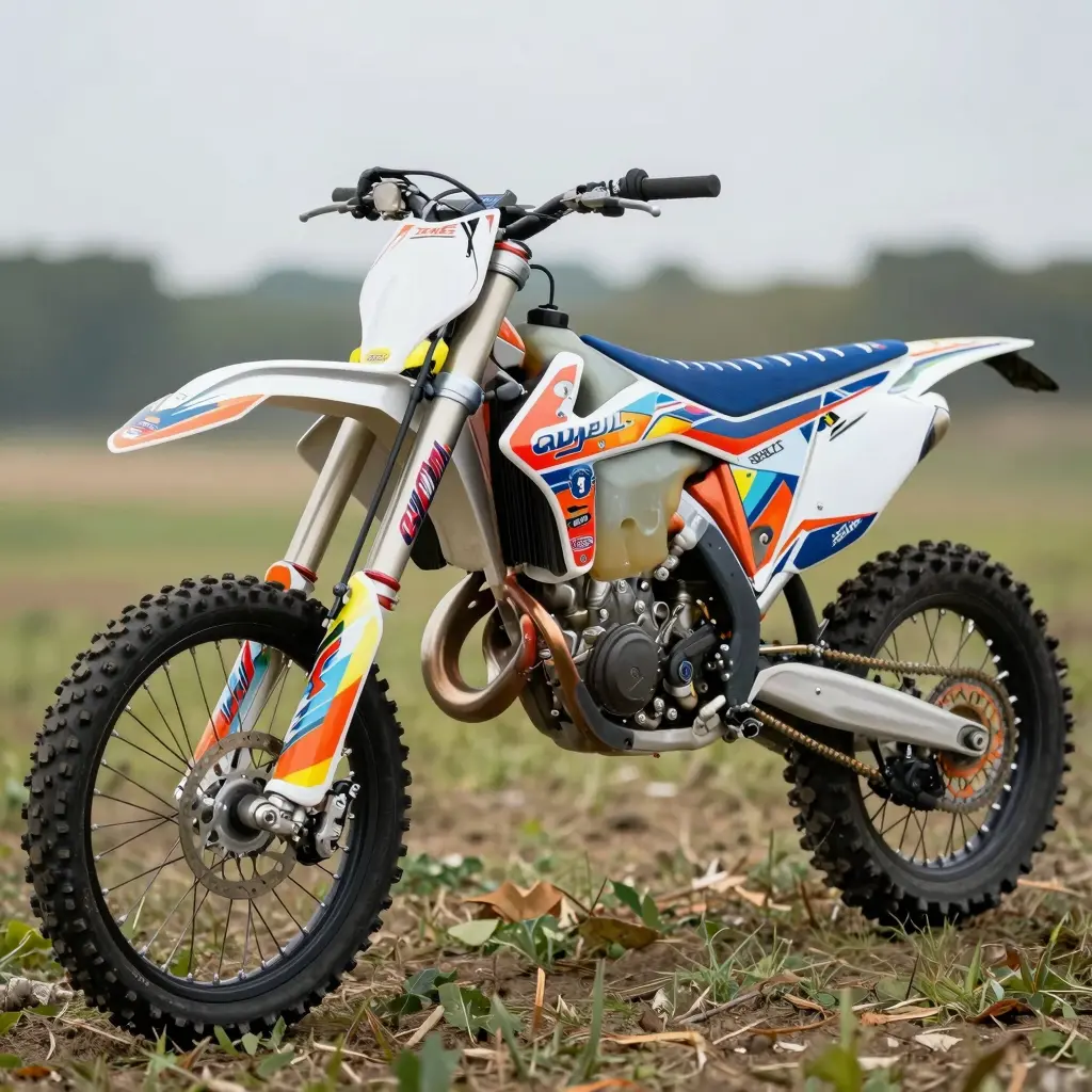 A well-decorated dirt bike showcasing vibrant swing arm graphics.