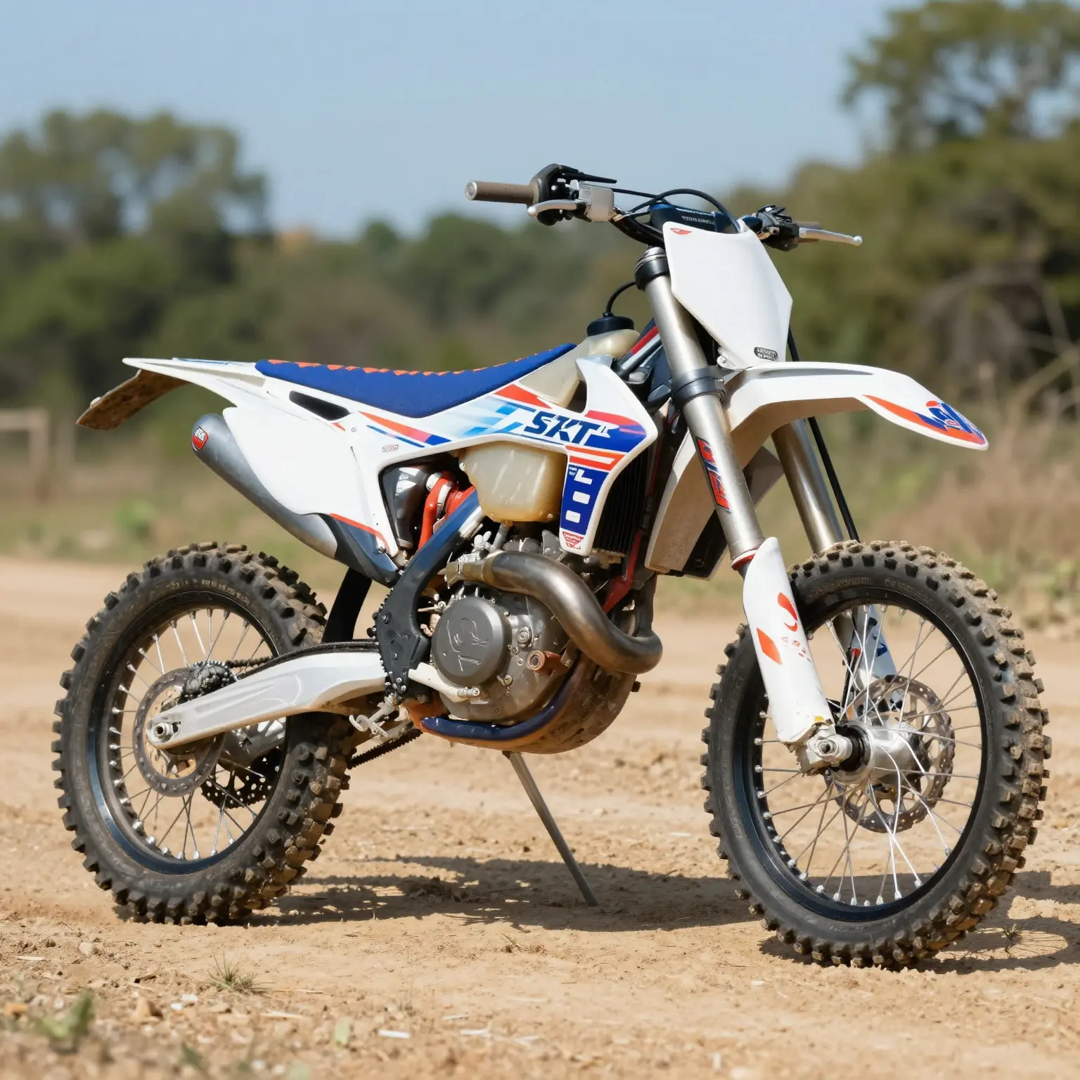 A clean dirt bike displaying vibrant, well-maintained graphics under a sunny outdoor setting.
