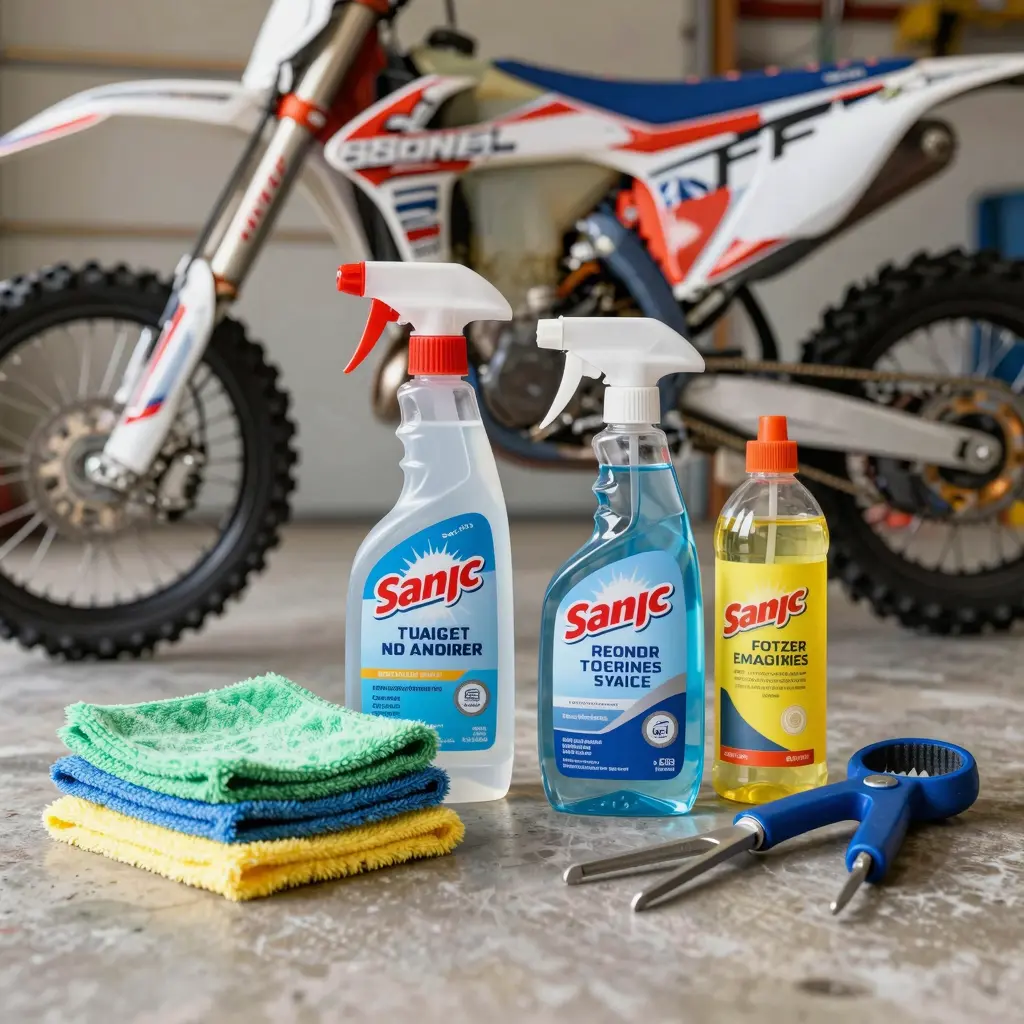 A well-organized garage or workspace showcasing cleaning supplies for maintaining dirt bike graphics.