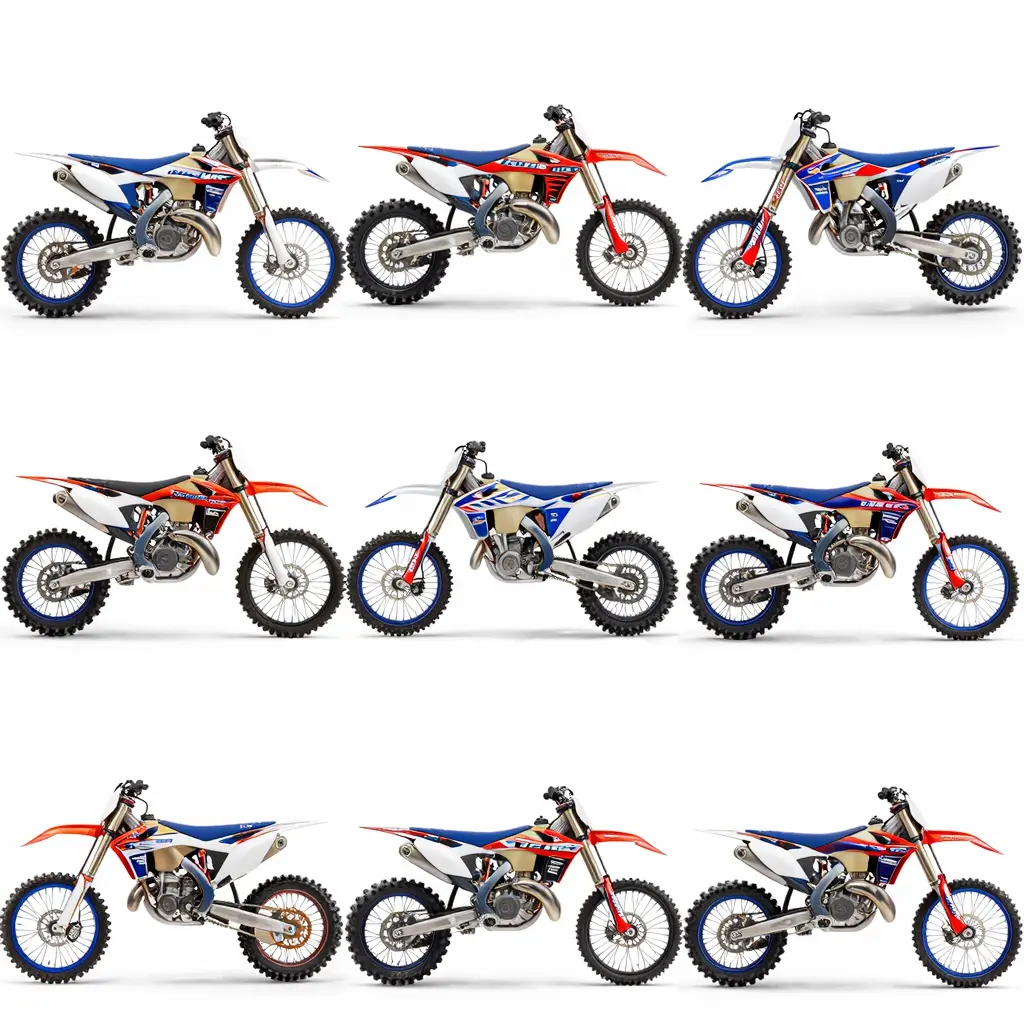 A variety of full dirt bike graphic kits showcasing different styles and designs available in the market.