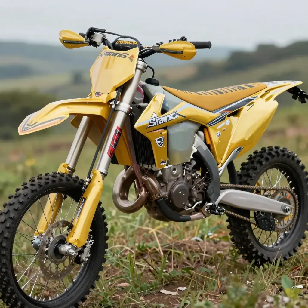 A clean, well-maintained dirt bike with shiny gold graphics