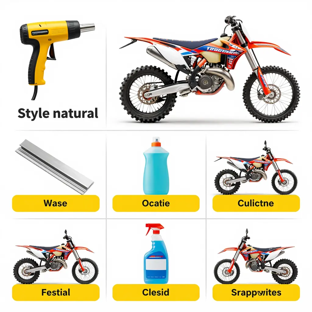 Step-by-step graphic of applying graphics on a dirt bike