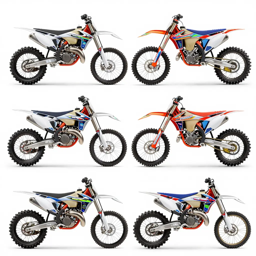 A collection of metallic dirt bike graphics showcasing popular colors such as chrome, vibrant fluorescent designs, and unique patterns like geometric and abstract styles.