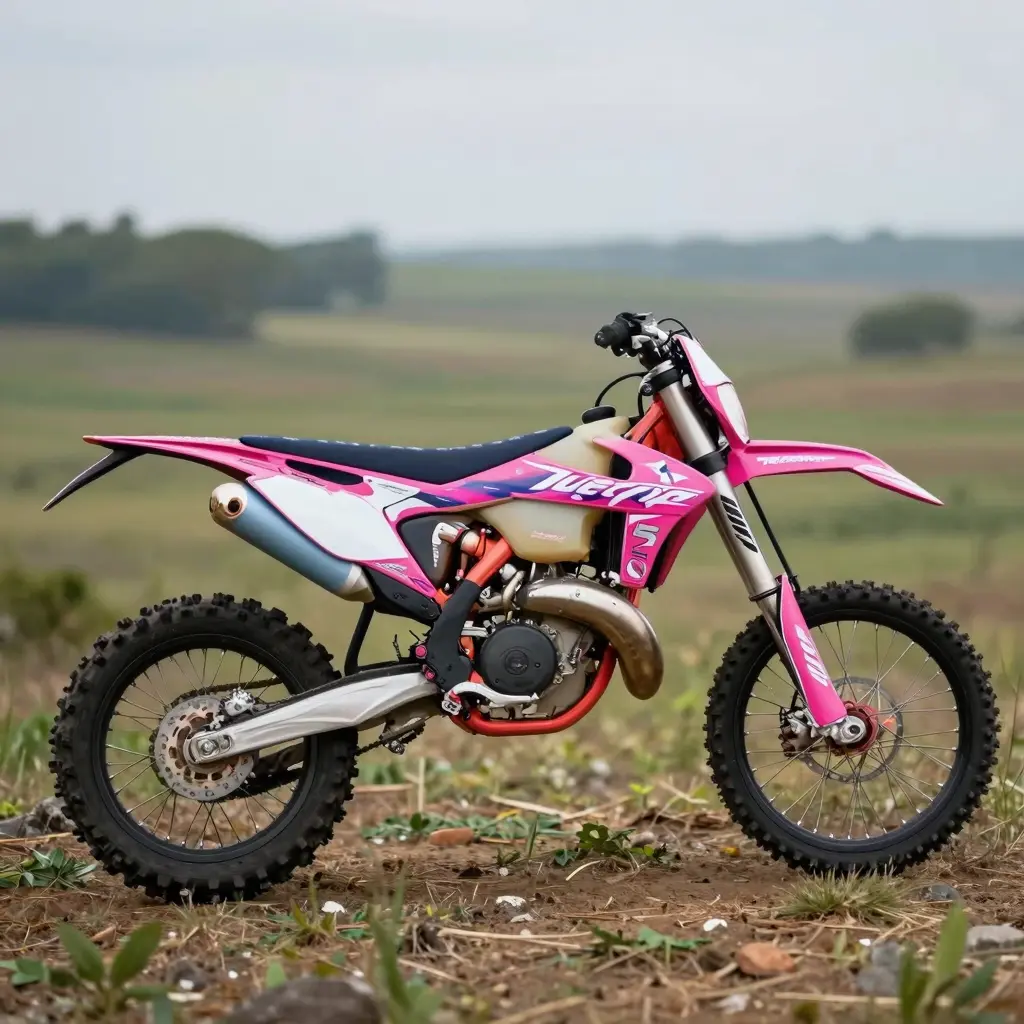 Vibrant pink dirt bike featuring colorful graphic kits