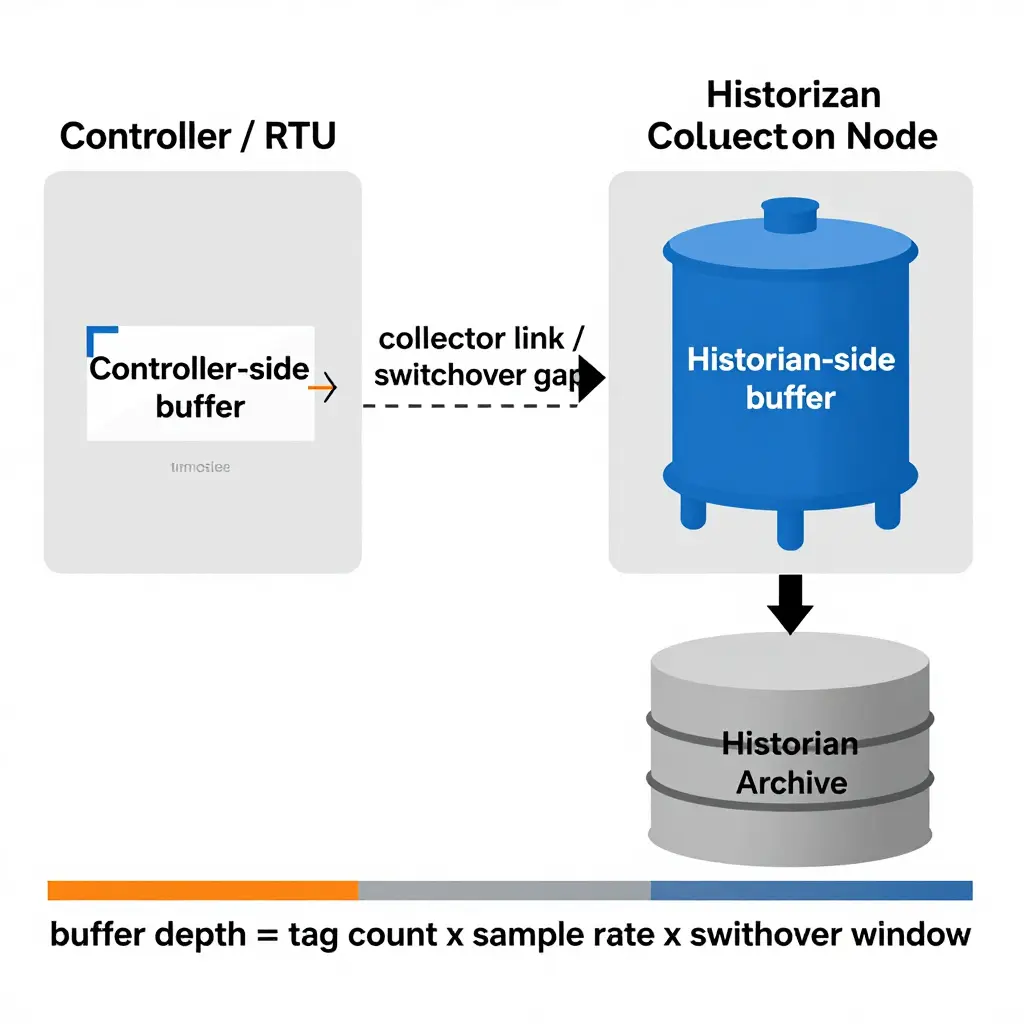 Architecture of controller-side and historian-side data buffers during a controller switchover