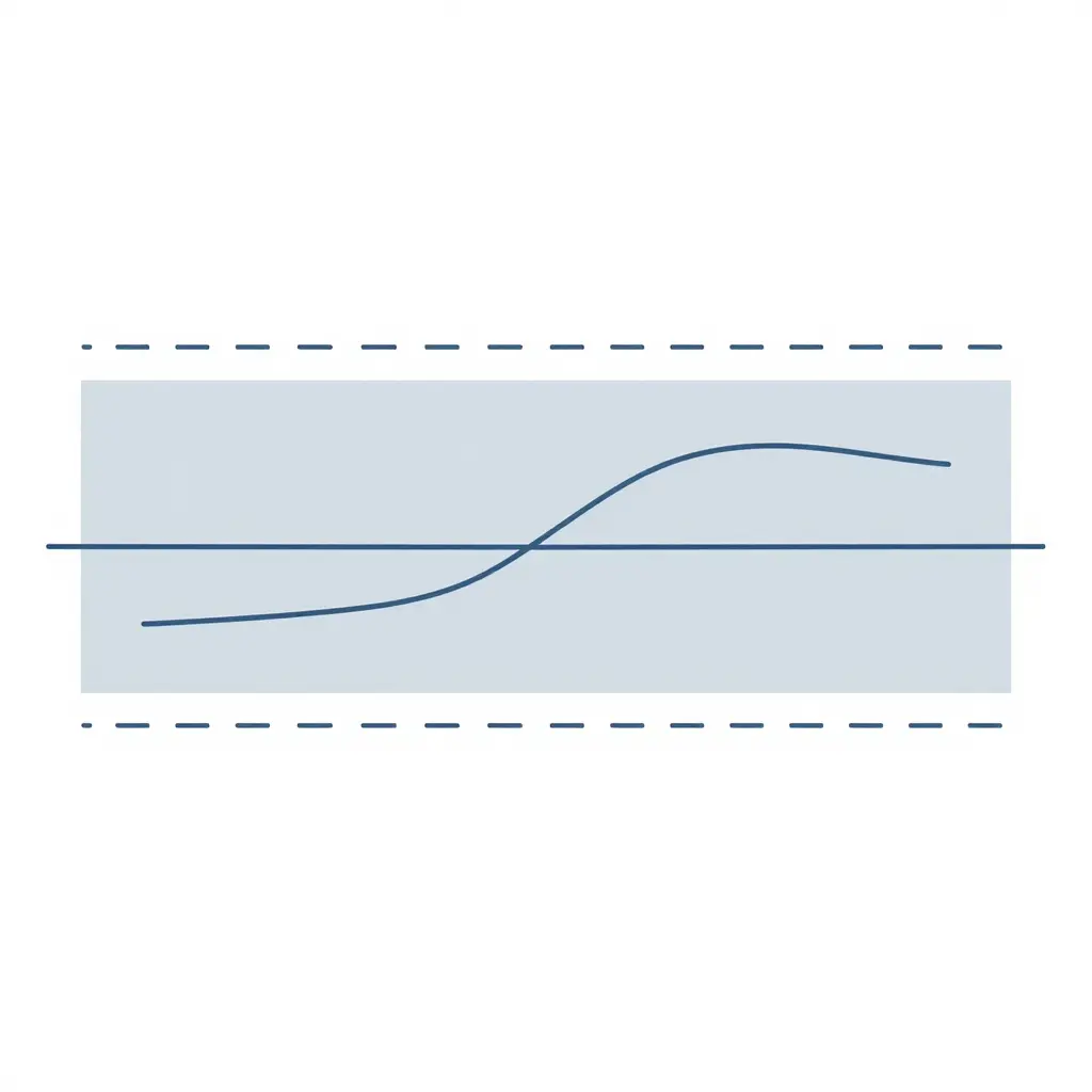 Minimalist 2D schematic diagram showing a horizontal steady signal line with upper and lower dashed deadband boundaries forming a shaded band, and a slowly drifting signal line that stays inside the band before eventually exiting it through the upper boundary