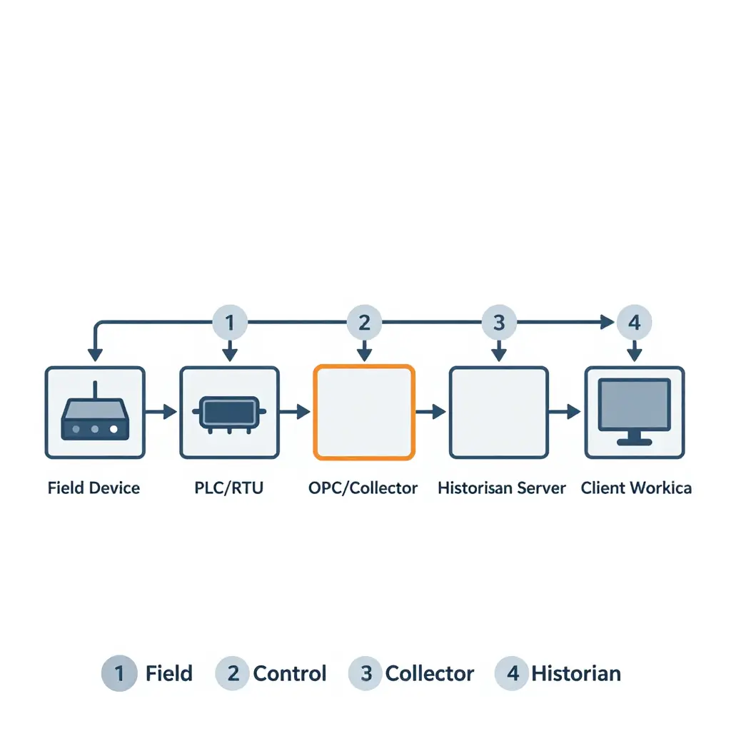 Minimalist flat 2D schematic of a SCADA data path showing a field device, PLC/RTU, OPC or collector, historian server, and client workstation connected by arrows, with four numbered checkpoint markers and a short legend.