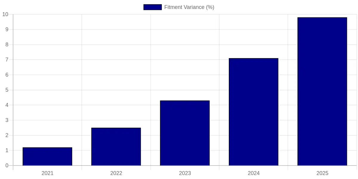 Bar chart showing graphics kit fitment variance percentage rising across five consecutive model years, from 1.2% in 2021 to 9.8% in 2025