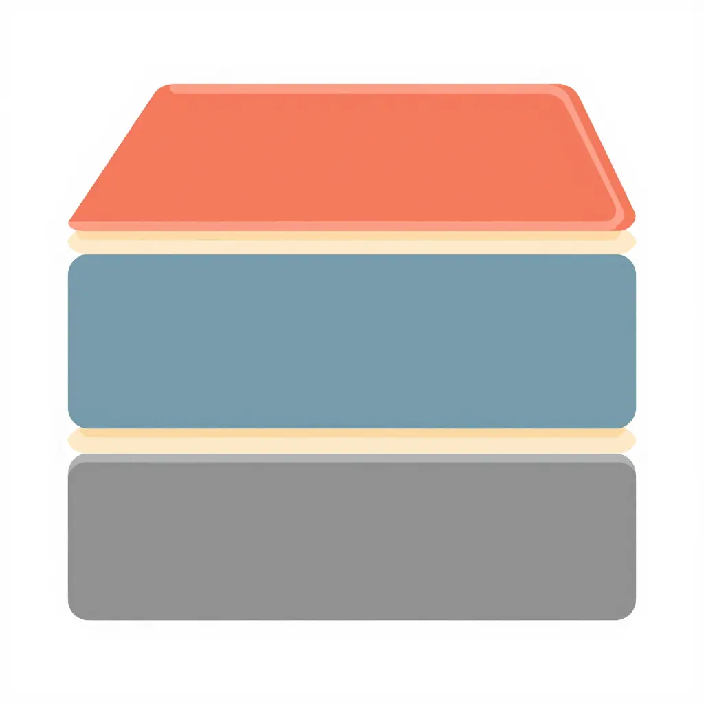 Flat 2D cross-section schematic of a dirt bike graphics kit stack: gray plastic body panel at the bottom, a thin beige adhesive layer, a slate-blue printed graphic film, and a separate coral-accented clear overlaminate protective top layer