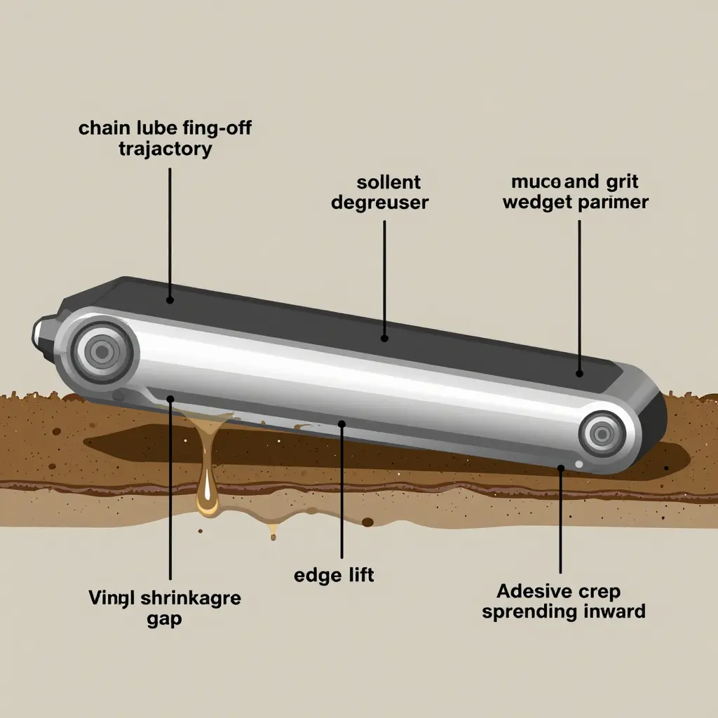 Cross-section diagram of a dirt bike swingarm showing liquid pooling at the decal edge, edge lift, vinyl shrinkage, and adhesive creep