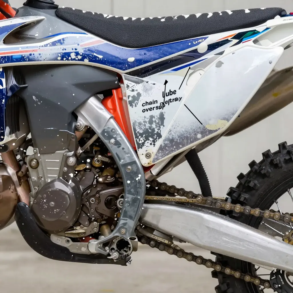 Close-up of a dirt bike swingarm where chain lube overspray and degreaser have begun breaking down the vinyl decals