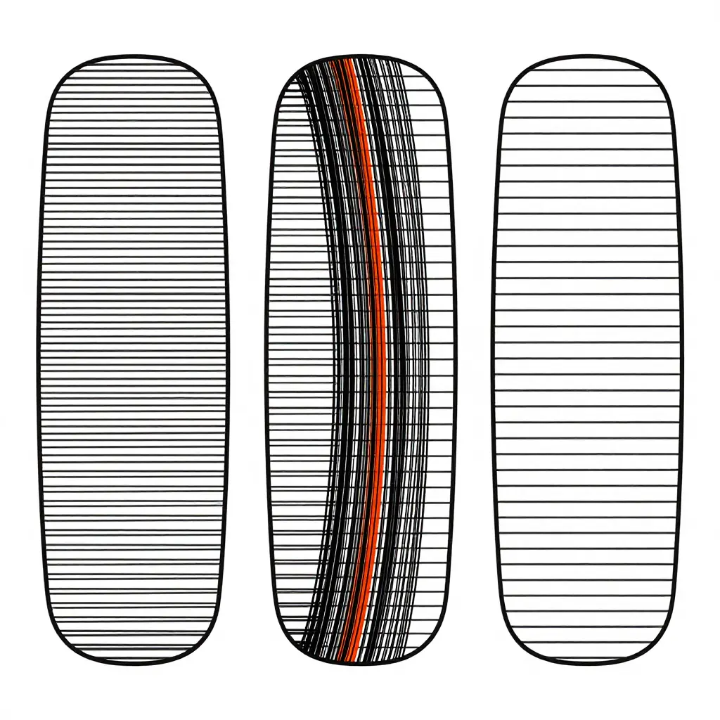 Three-stage diagram: an evenly spaced line grid, the same grid bunched up and darkened as it compresses toward one curved shroud edge, and a simplified grid with fewer, wider-spaced lines