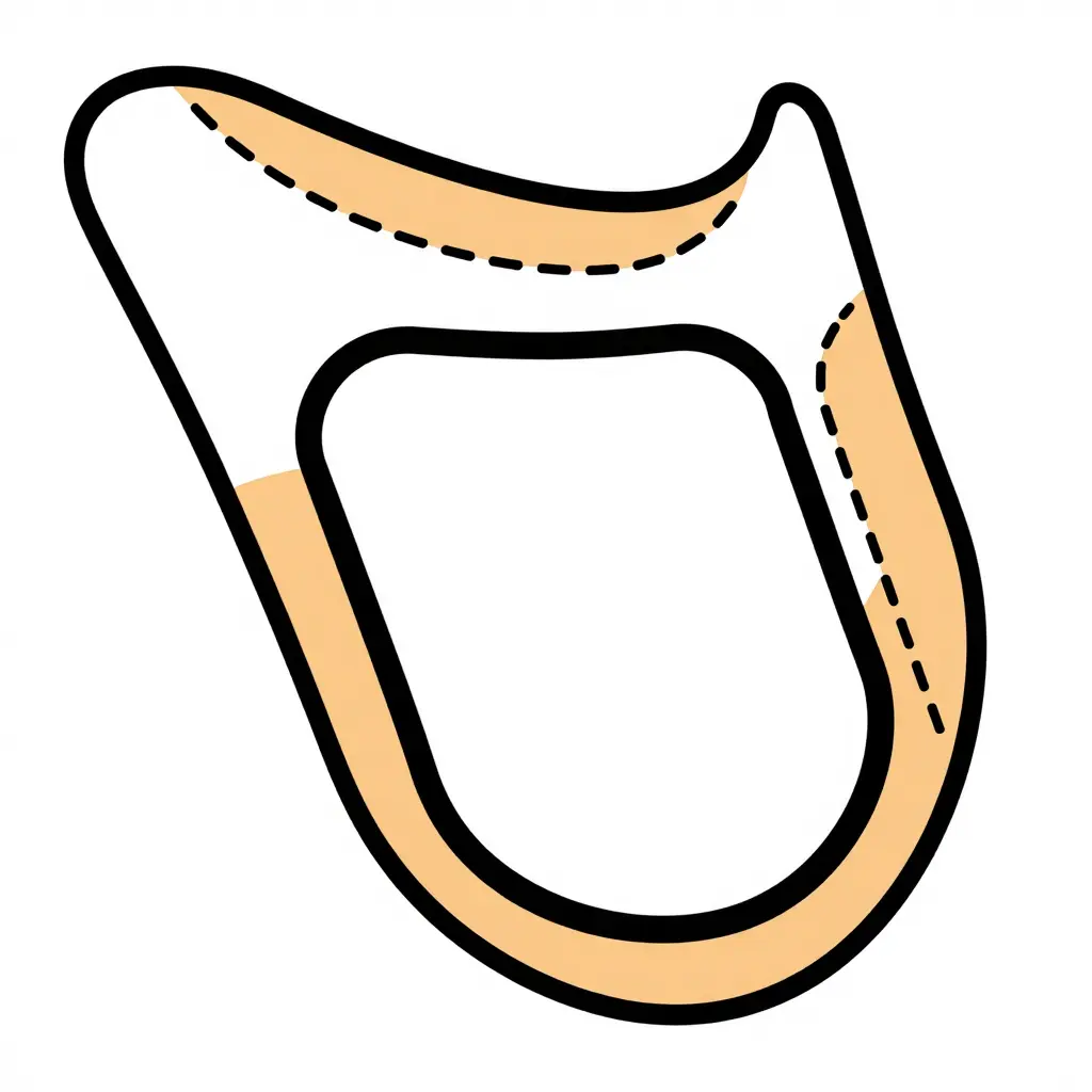 Two-dimensional diagram of a flat shroud silhouette showing a thin solid outer edge margin, a dashed pale-orange high-curvature band along the tightly rounded corner, and a solid-outlined central low-curvature zone holding simple geometric artwork blocks
