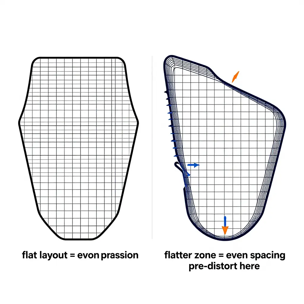 Technical diagram comparing a flat even hairline grid with the same pattern wrapped over a compound-curved dirt bike shroud, showing compressed spacing along edges and ridge lines and even spacing across flatter zones