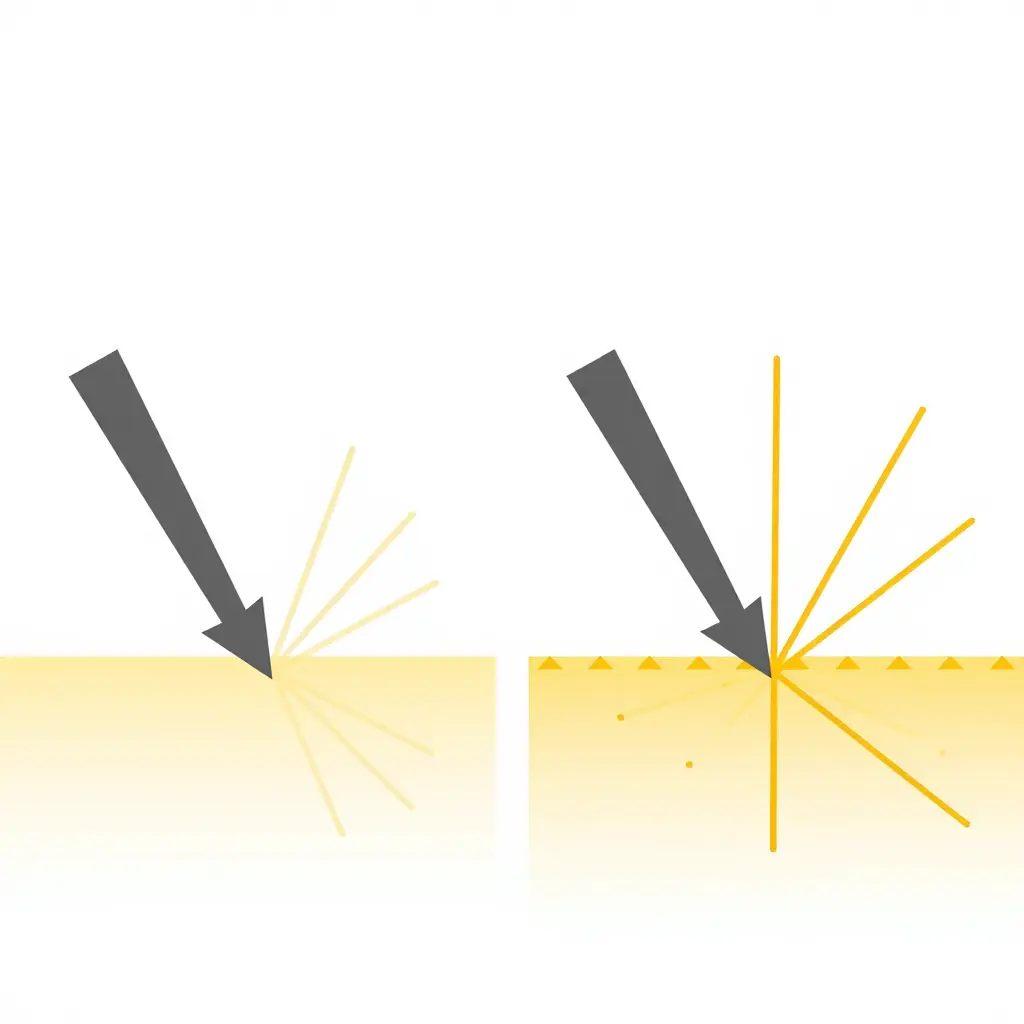 Minimal 2D schematic comparing diffuse reflection on standard vinyl, where light rays scatter in many directions, with retroreflection on micro-prismatic reflective vinyl, where rays return along the incoming path