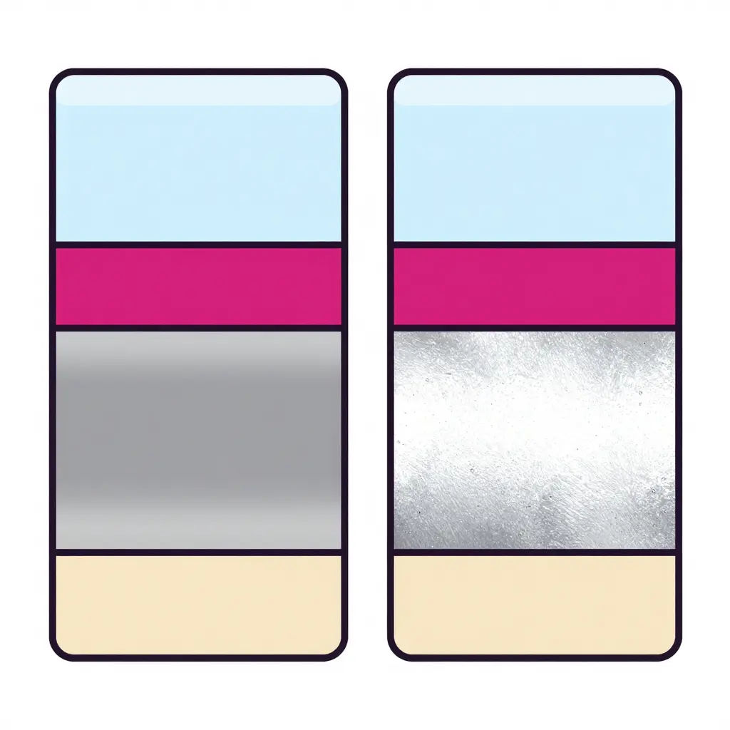 Layered 2D cross-section comparing the build of standard calendered vinyl (adhesive, vinyl base, printed ink, clear top film) with reflective vinyl (adhesive, retroreflective layer, printed ink, clear top film), shown as two side-by-side stacks of outlined rectangles with no text