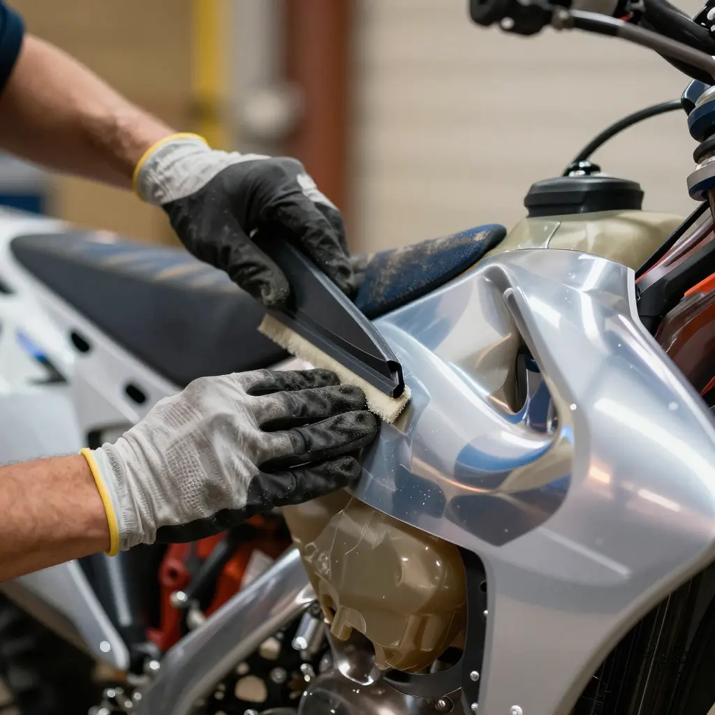 Technician using a felt squeegee to apply reflective dirt bike decals to a side panel