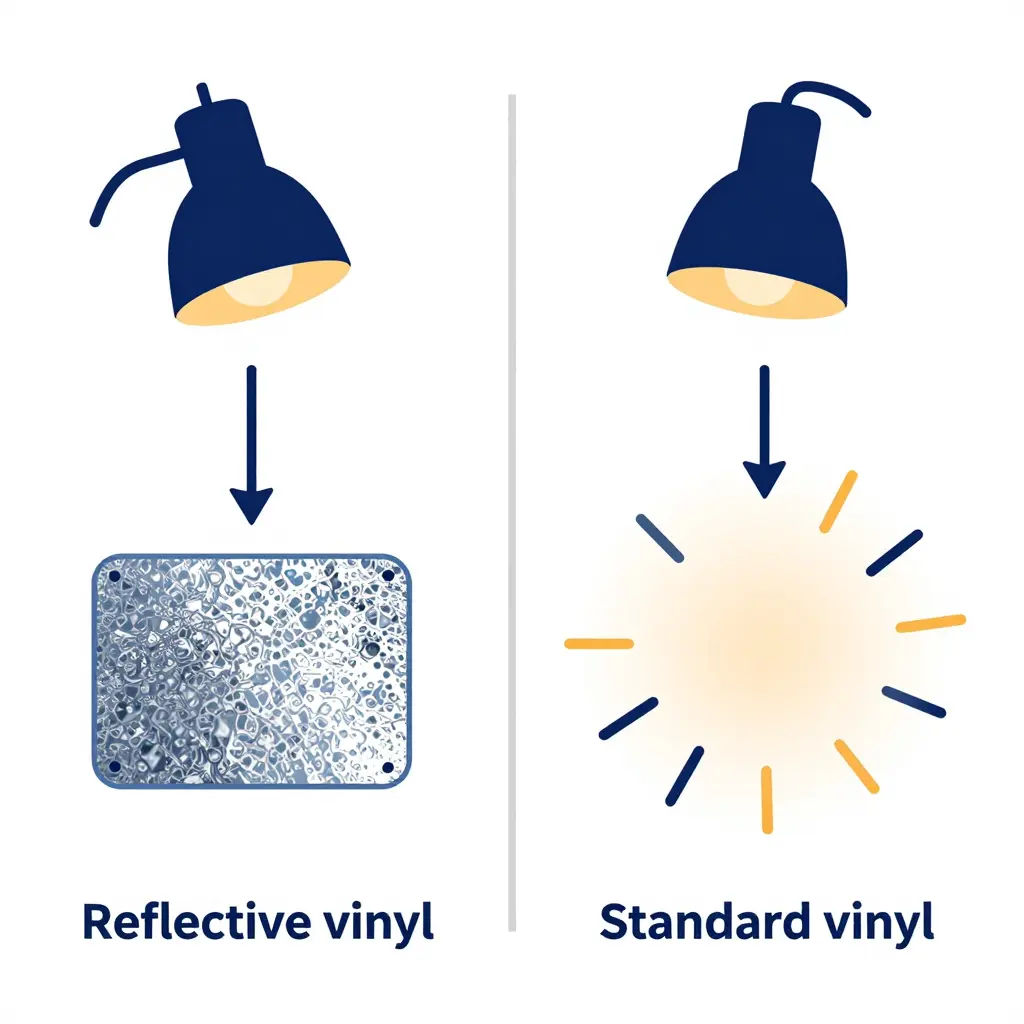 Diagram comparing retroreflective vinyl, which sends light back toward its source, with standard vinyl, which scatters light diffusely in many directions
