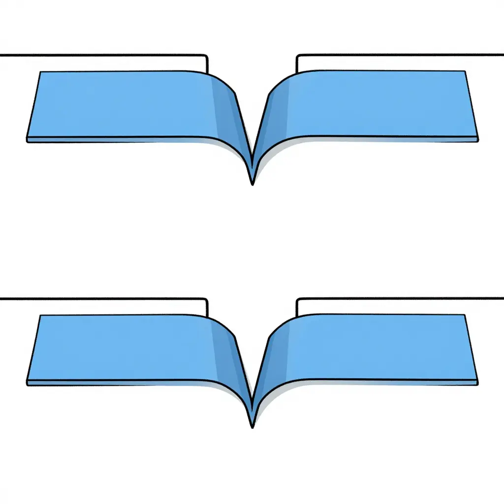Side-by-side technical diagram: Panel A shows vinyl film bridging the tank shroud gap with a single sharp crease; Panel B shows the same film with a narrow V-shaped relief cut that splits the span so the film lies flat