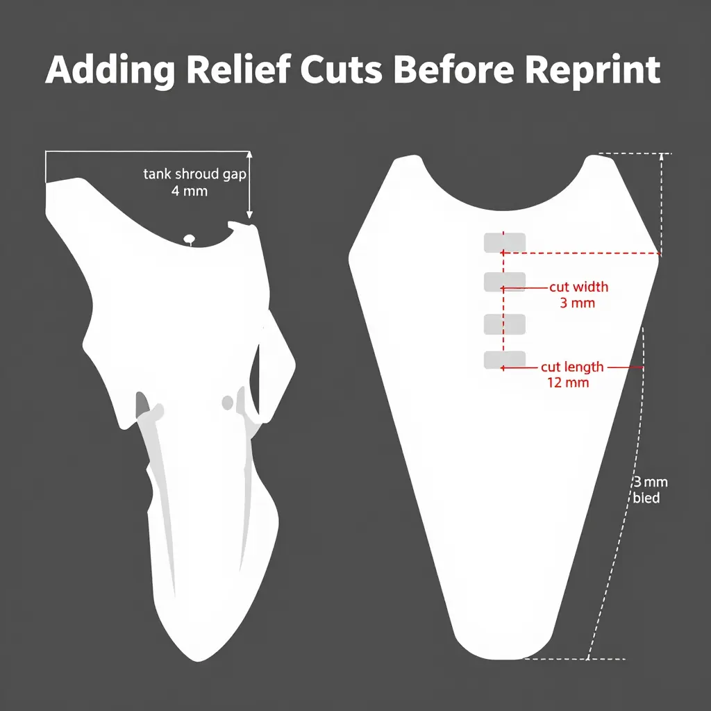 Diagram showing a tank shroud gap measurement beside a flat decal layout marked with three small relief cuts, cut width and length callouts, and a bleed border
