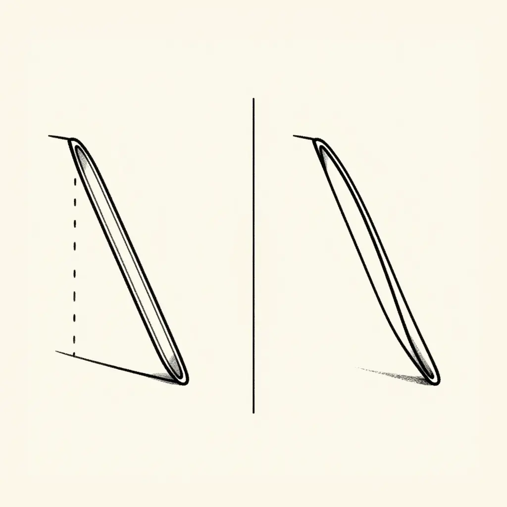 Two-color line-art schematic showing a straight relief notch and a gently curved relief notch side by side, both with a slim constant width, a rounded blunt tip, and a termination that stops short of a dashed high-stress contour