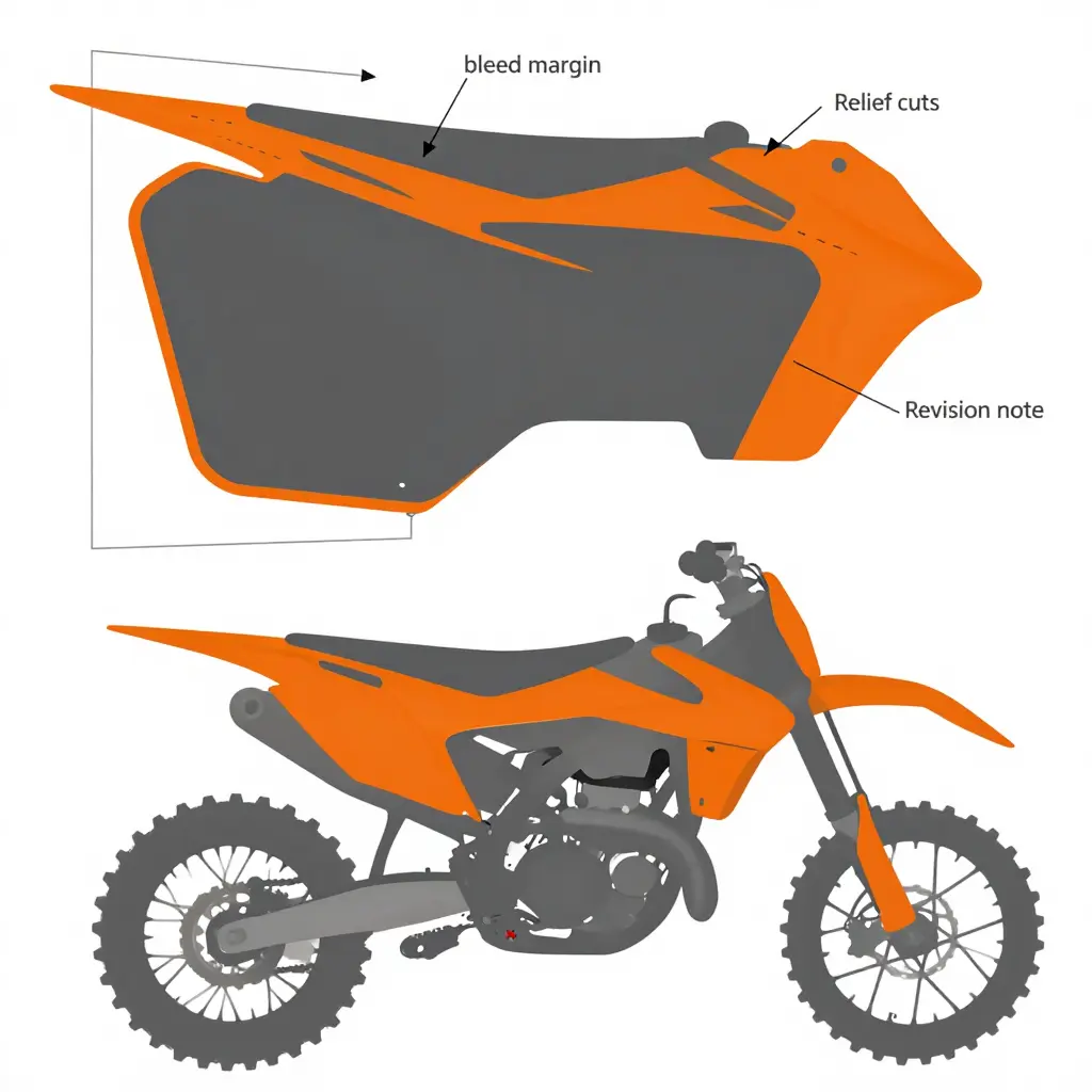 Technical layout diagram of a vinyl graphics print sheet showing dashed relief cut paths at the tank shroud radius, a widened bleed margin, and the revised panel overlap across the tank shroud gap, with a side-view inset marking the crease point caused by tank swell.