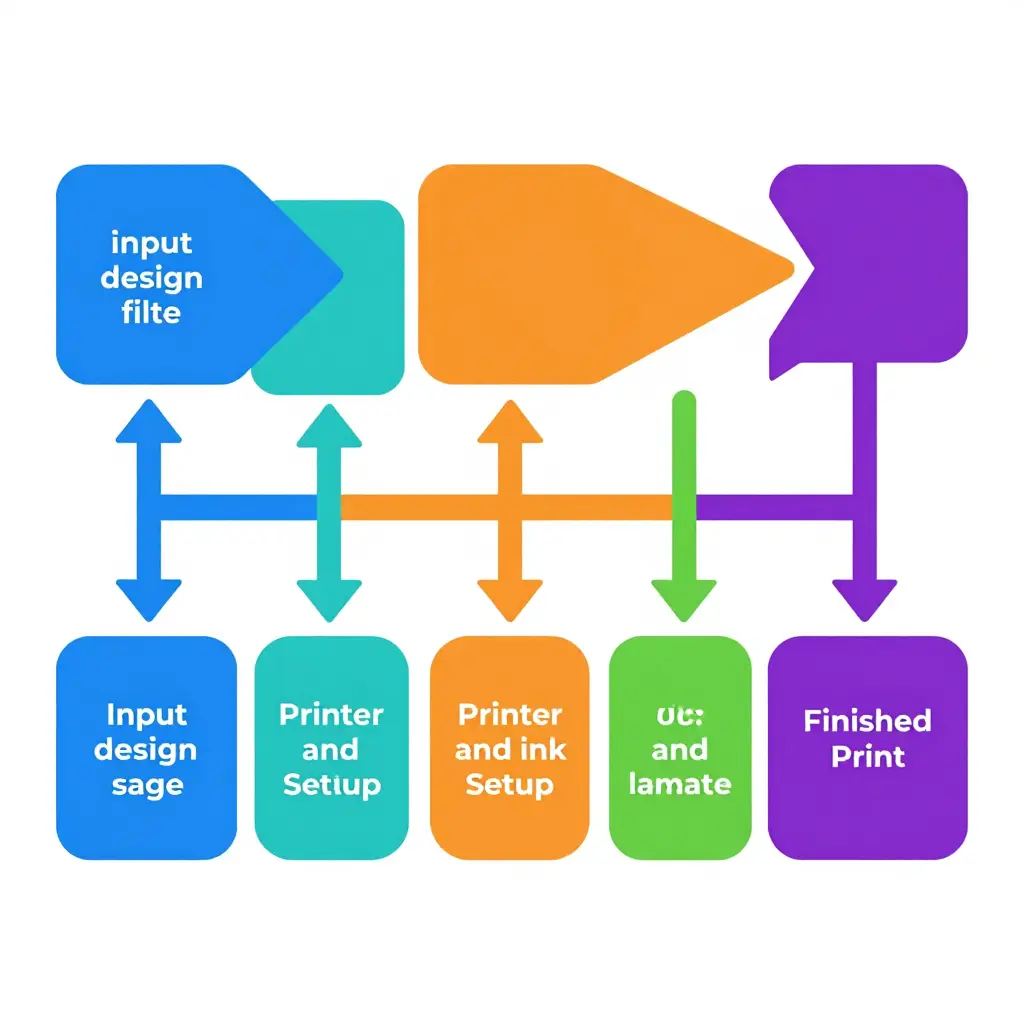 Color-coded linear workflow diagram showing the five connected stages of a print color management path: design file in RGB, ICC profile conversion to CMYK, printer and ink setup, substrate and laminate, and finished print