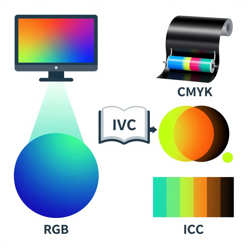 Diagram comparing RGB screen color and CMYK print color, with an ICC profile bridging the two color spaces