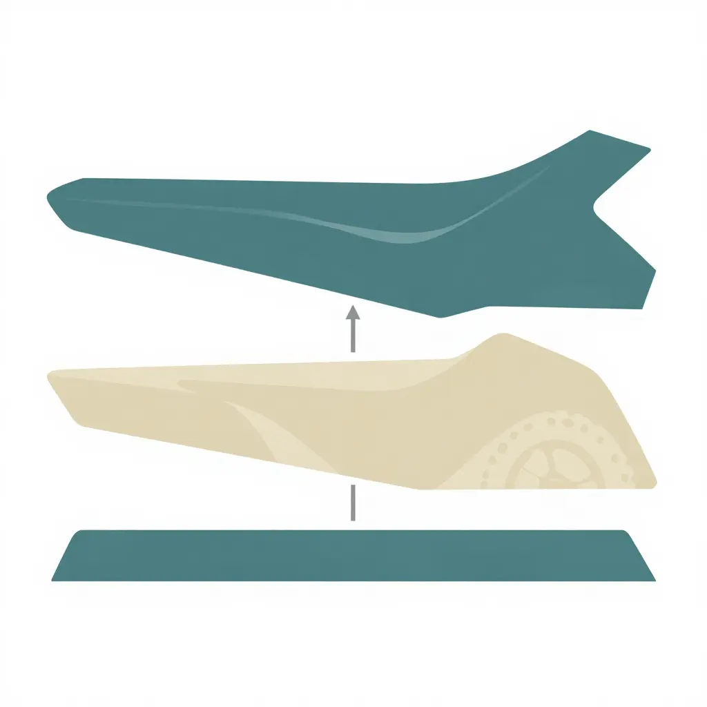 Cross-section diagram of a dirt bike vinyl graphic showing the protective laminate layer on top, the printed vinyl layer in the middle, and the adhesive layer at the bottom