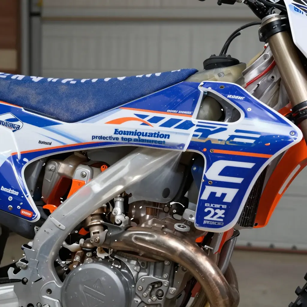 Cross-section diagram of a dirt bike vinyl graphic showing adhesive, vinyl film, and laminate layers with a pressure washer lifting a thin laminate edge