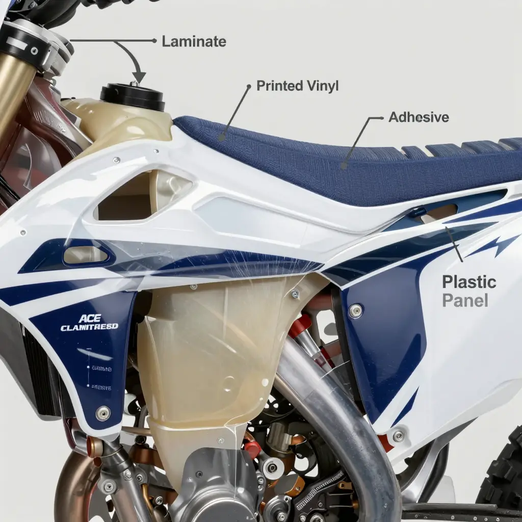 Cross-section diagram of a dirt bike vinyl graphic showing the clear laminate topcoat, printed vinyl, adhesive, and plastic panel, with a pressure washer water jet peeling the edge of a too-thin laminate