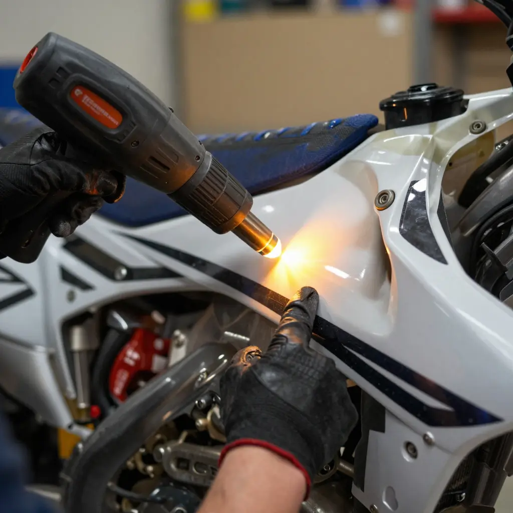 A gloved mechanic warming a dirt bike plastic shroud with a heat gun on a low setting before applying a vinyl graphic kit