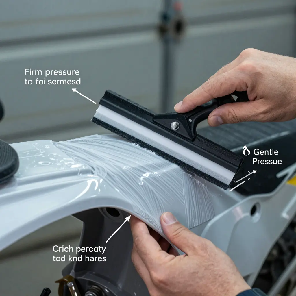 Diagram showing the correct squeegee angle and overlapping strokes for applying a dirt bike graphic kit in a cold garage