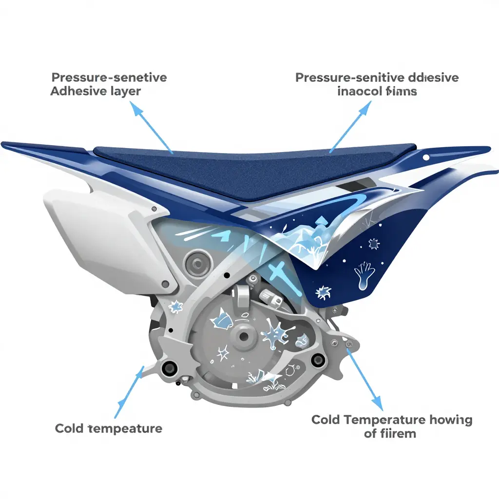 Technical cross-section illustration of a vinyl wrap decal on a plastic dirt bike shroud, with a labeled adhesive layer, blue arrows showing cold pulling heat from the film, and one edge peeling up from the panel