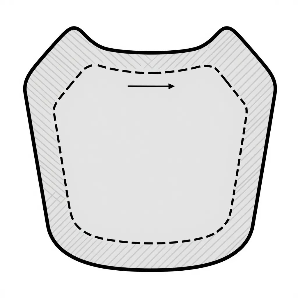Flat 2D schematic of a dirt bike shroud panel showing an outer bleed area, a middle safe area, and an inner dashed trim/cut line, with a dimension arrow marking the bleed margin width
