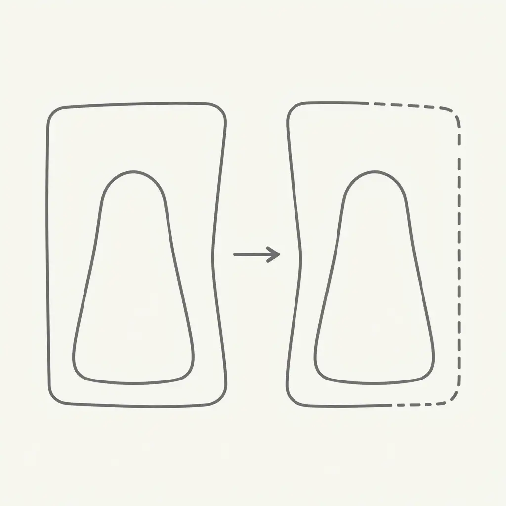 Diagram comparing a centered graphic on the left shroud panel against an off-center graphic on the right panel, with dashed template outlines and a directional arrow showing the shift