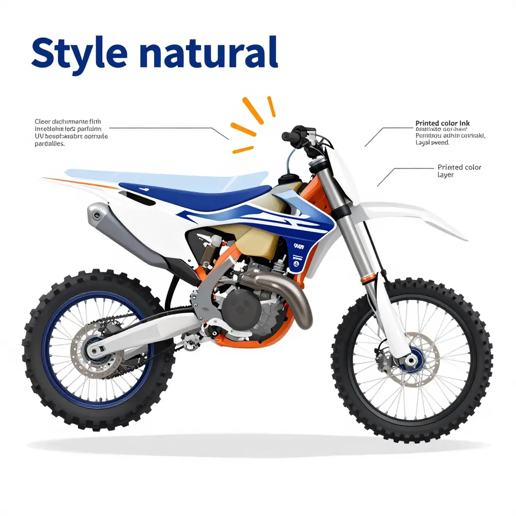 Cutaway diagram of a dirt bike decal showing the overlaminate, ink, adhesive, and fairing layers with UV rays striking the top film