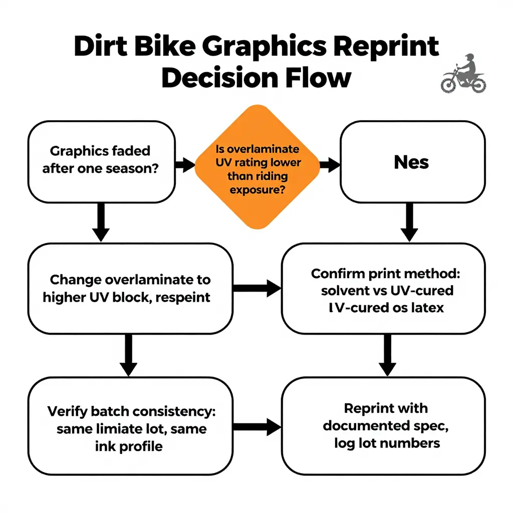 Dirt bike graphics reprint decision flowchart: faded graphics, overlaminate UV check, print method confirmation, batch consistency, reprint with documented spec