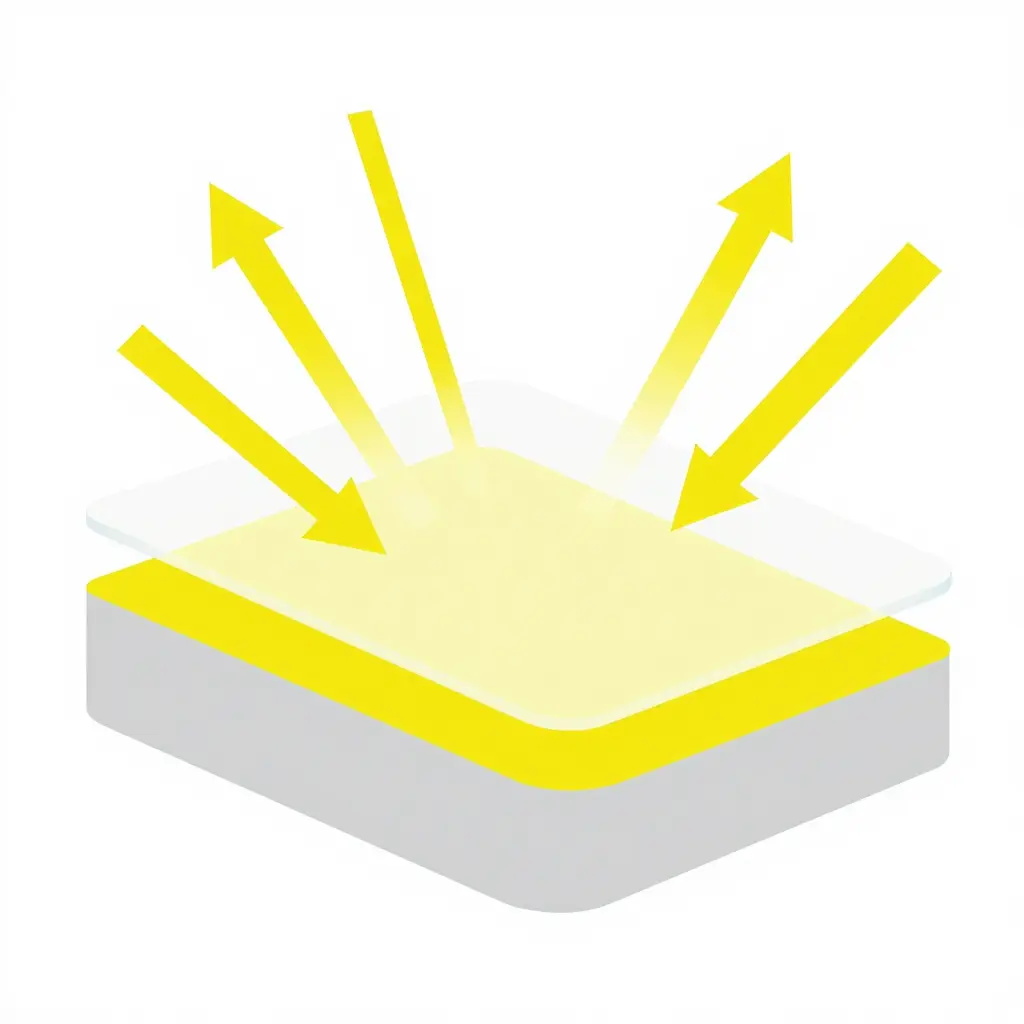 Cross-section diagram of a dirt bike graphic showing the vinyl substrate base, the printed ink layer, and a translucent overlaminate top layer, with yellow UV rays reflecting off and being blocked by the overlaminate while the ink layer below stays protected